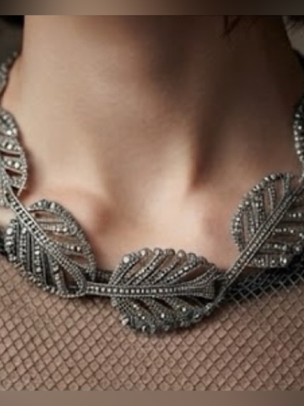 Vintage Marcasite Silver Leaf Motif Statement Necklace -Women Jewelry